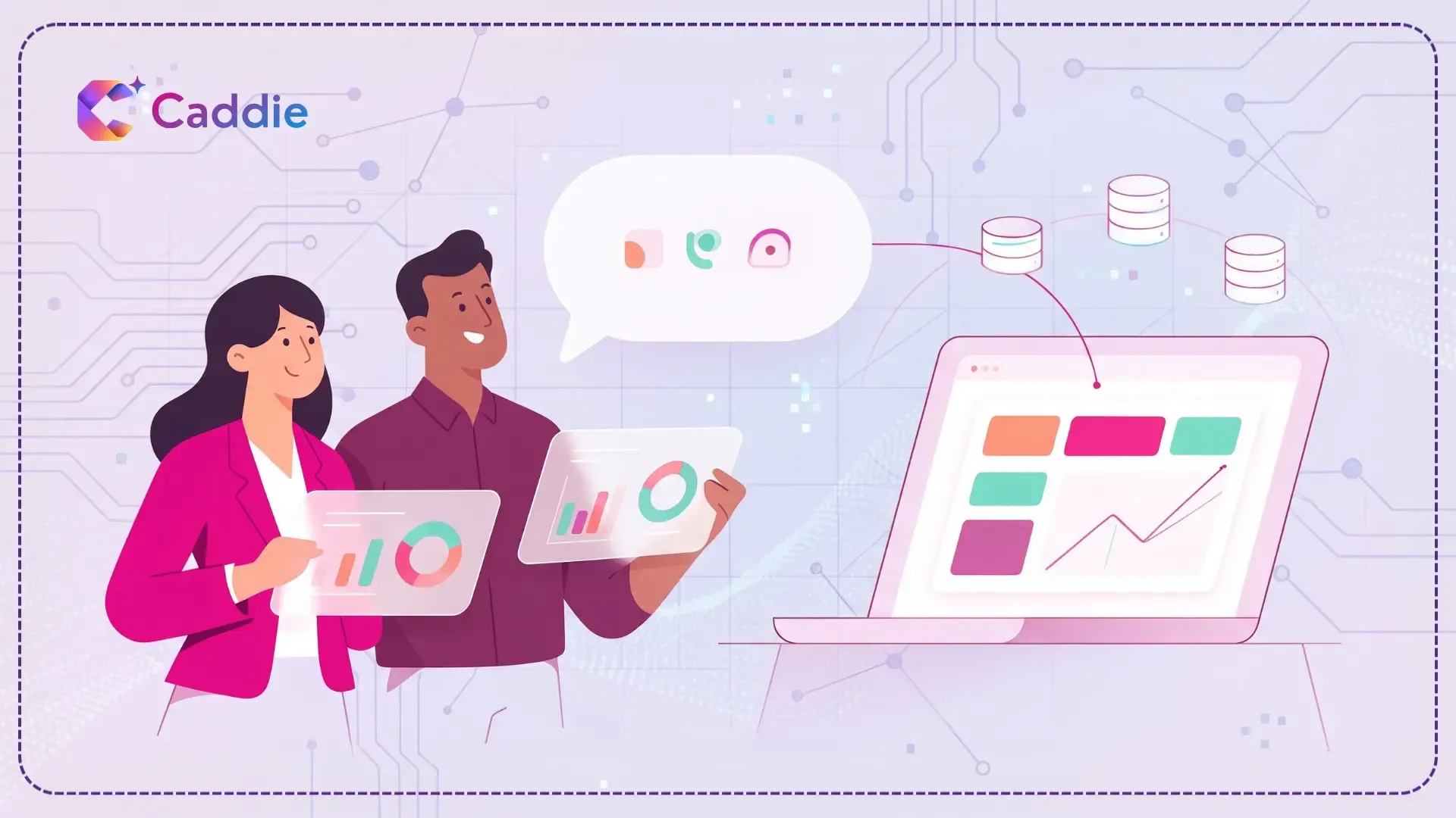 Flat vector illustration of business users asking questions of live dashboards, showing enterprise self-service analytics in action