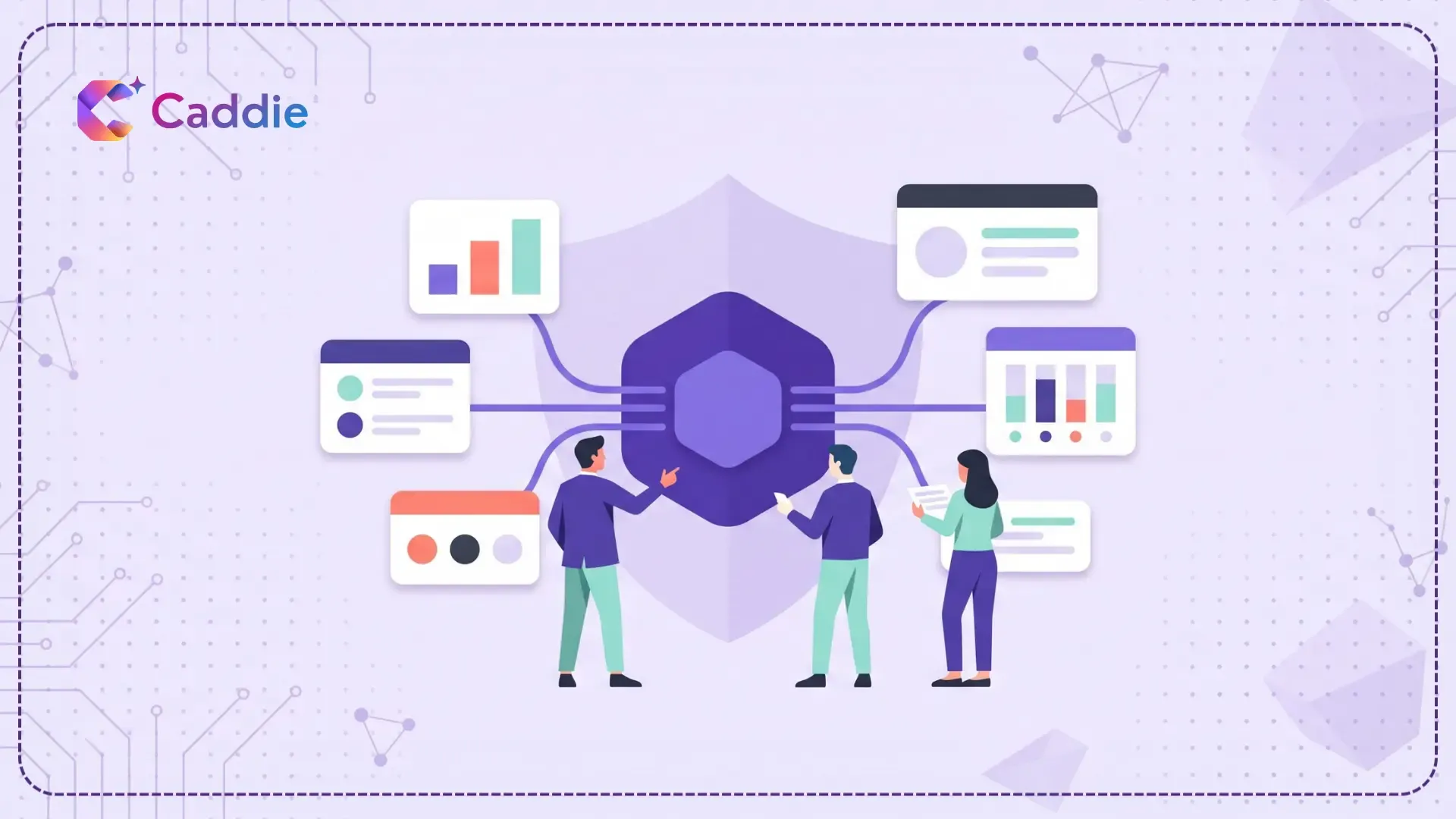Data flowing into a central governance hub protected by a shield, with business professionals reviewing insights against a tech-patterned background