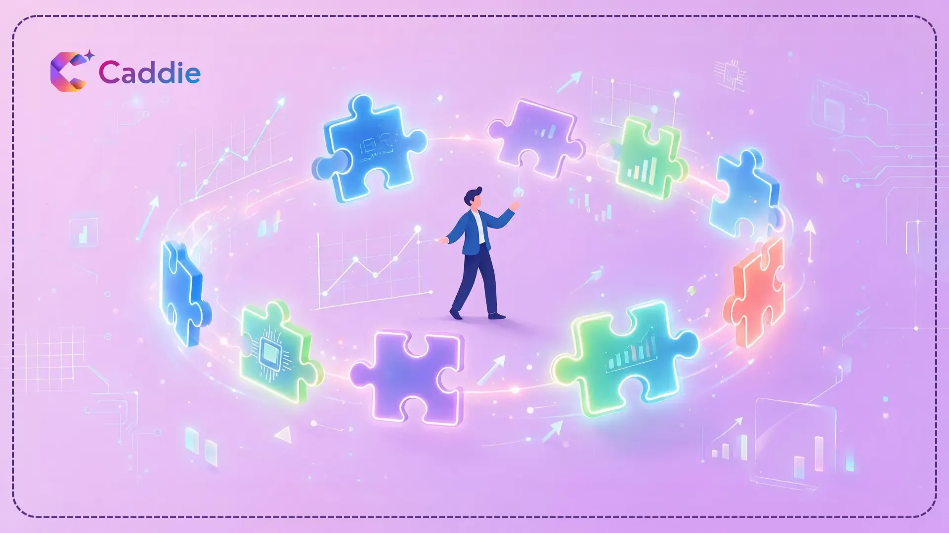 Flat vector illustration of a professional interacting with glowing conversational AI data interfaces.