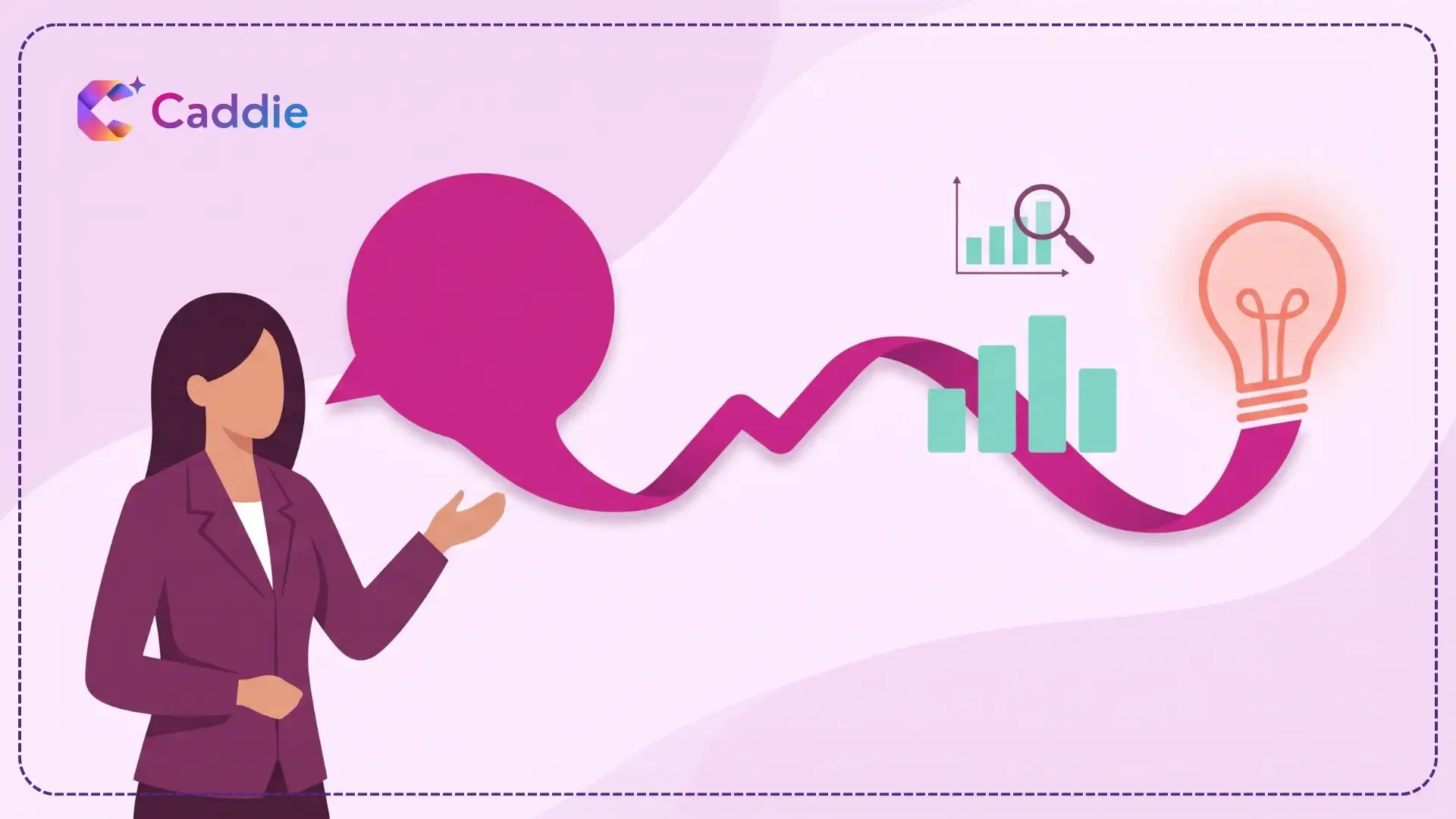 Flat vector illustration of a businesswoman whose speech bubble flows into a rising line, bar chart, and glowing lightbulb, showing AI turning business data into insights.