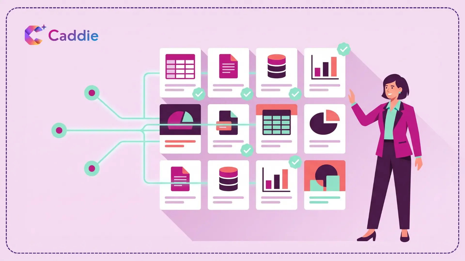 Flat vector illustration of a professional in magenta examining organized data cards linked by glowing teal connector lines, representing automated metadata discovery and data asset verification