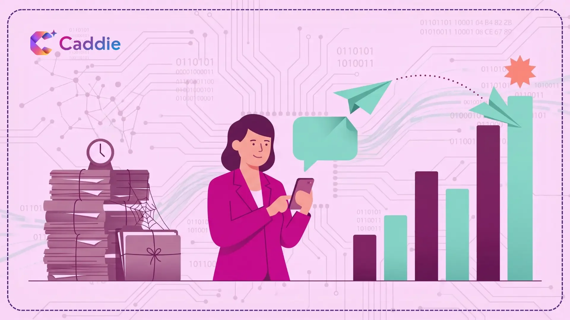 Illustration of a confident businesswoman holding a phone, with a speech bubble turning into a paper plane that lands on a bar chart, beside an idle stack of old request folders on a light lavender-pink background.