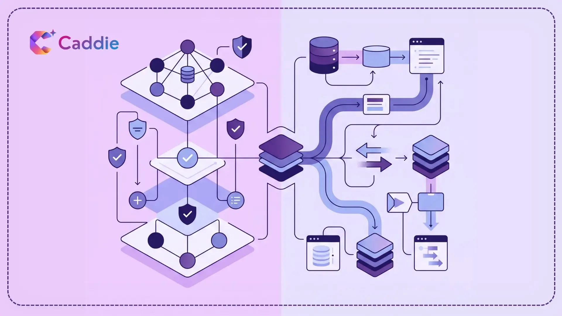 A Caddie infographic diagram visually contrasting data governance frameworks with data management pipelines using isometric icons on a purple background.