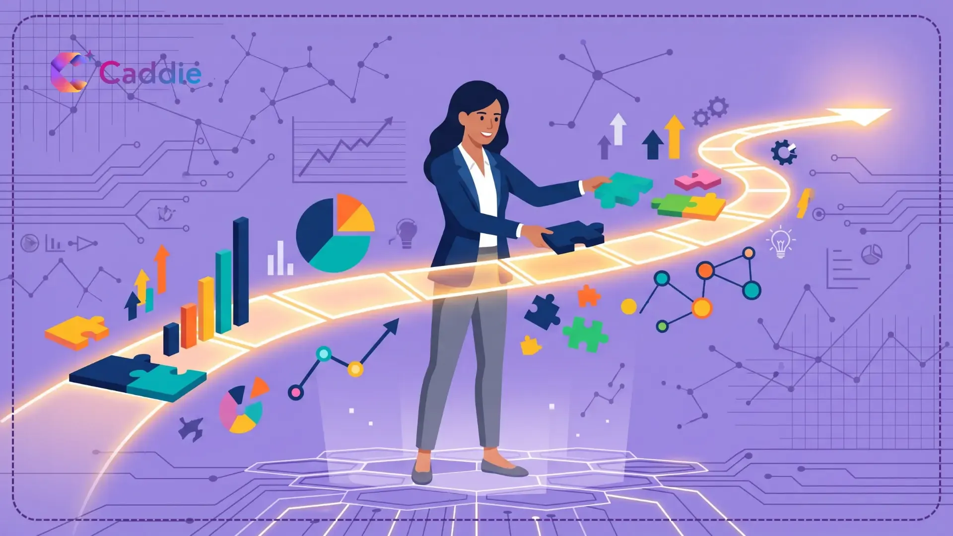 Illustration of a professional connecting glowing puzzle pieces to build a clear data-driven path.