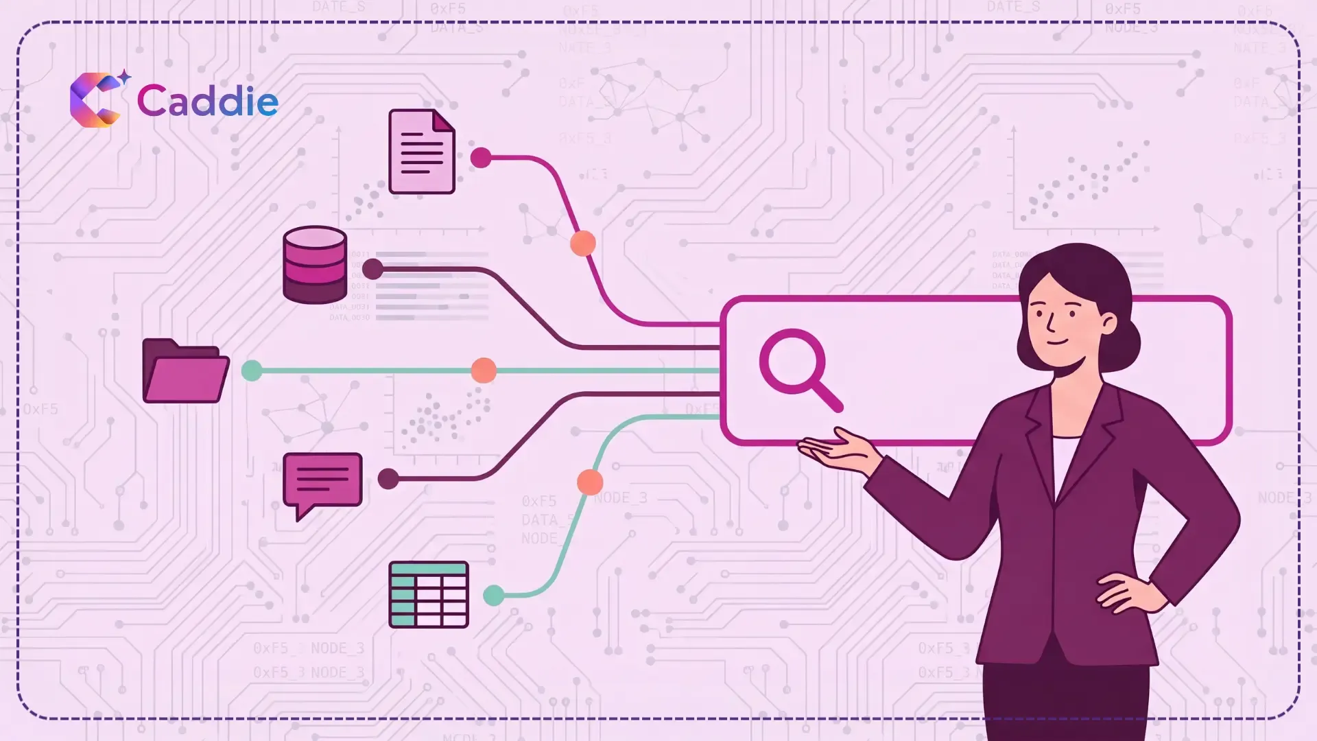 Five fragmented business system icons connected by colored lines converging into a single unified search panel, representing data consolidation across silos.