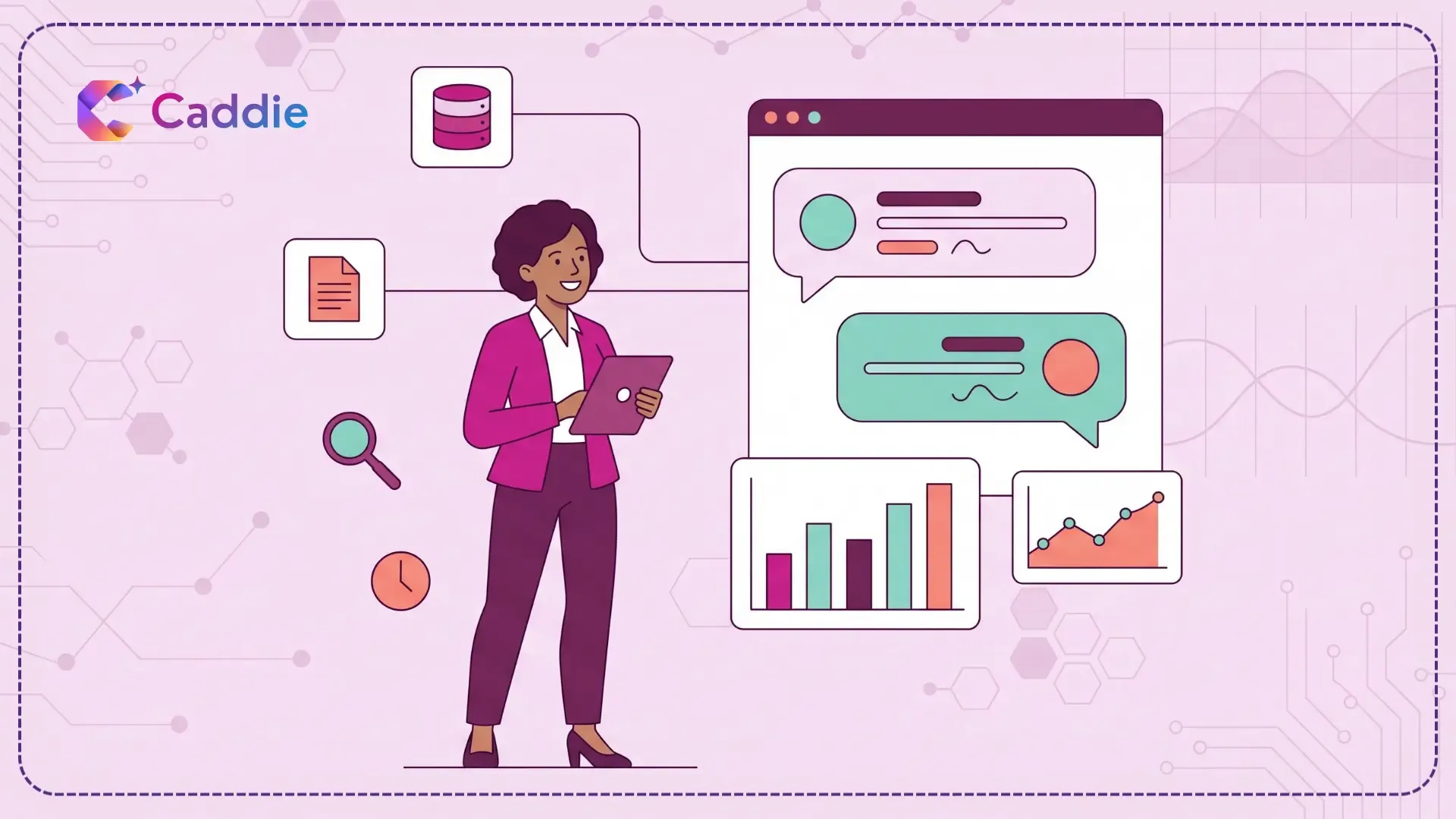 Business professional holding a tablet, smiling while looking at a floating chat window that displays generated charts and graphs. Database and document icons connect via lines into the chat interface, representing live data flowing into an AI analytics assistant.