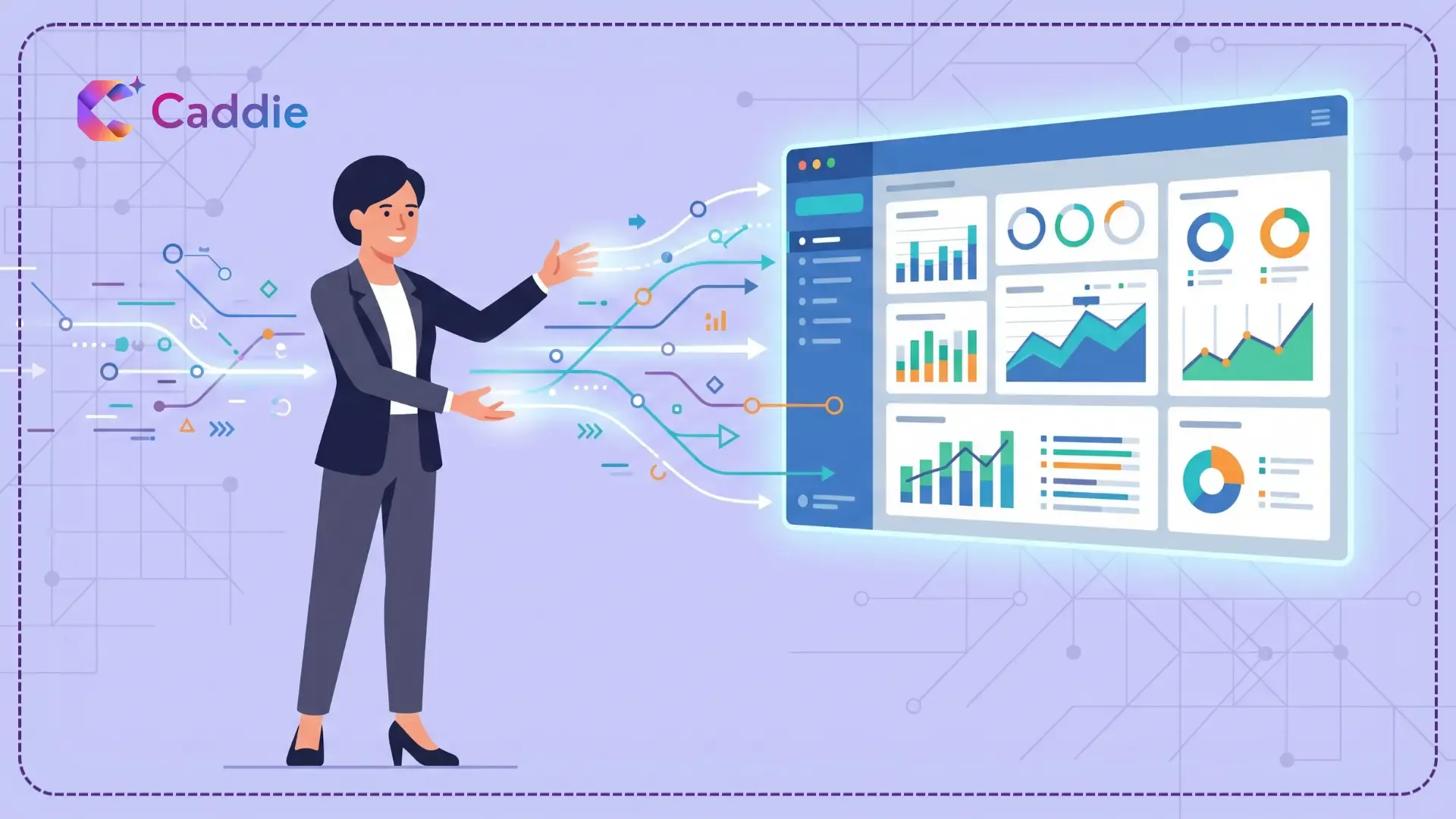 Flat vector illustration of a business professional working with AI to analyze data.