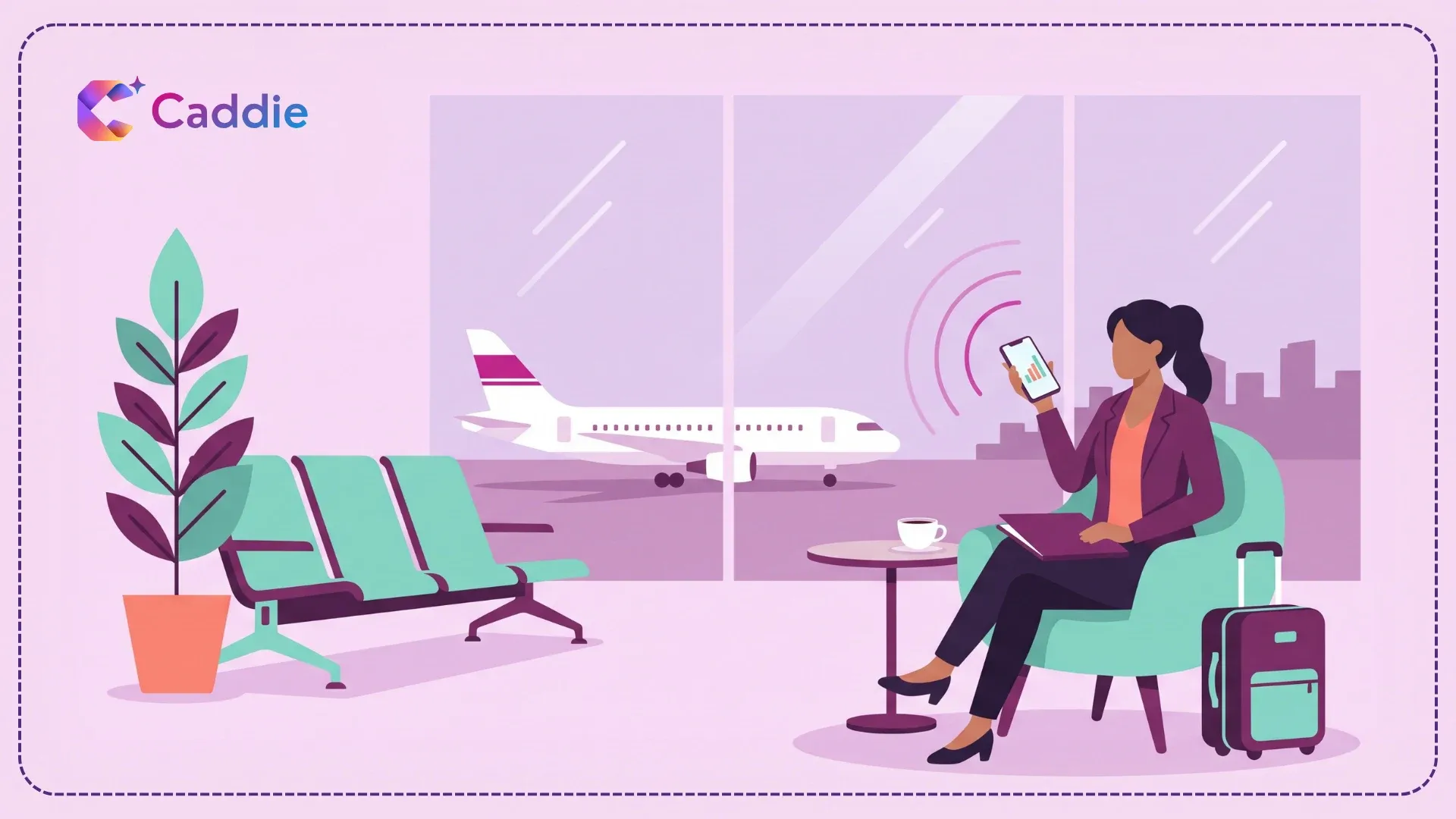 Flat vector illustration of a businesswoman in an airport lounge speaking into her phone, which shows a rising bar chart, with an airplane and city skyline visible through the window.