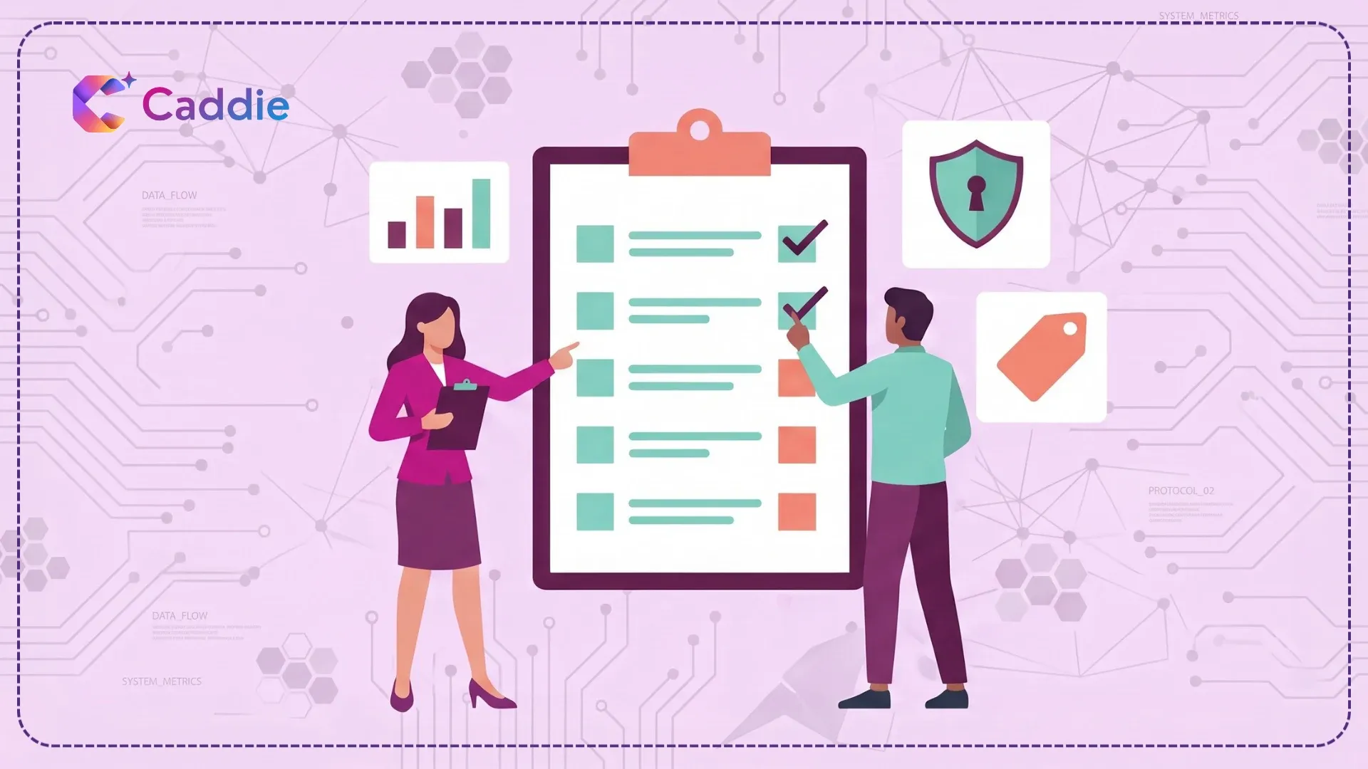 Flat vector of two business colleagues reviewing an AI reporting tool evaluation checklist with chart and security icons