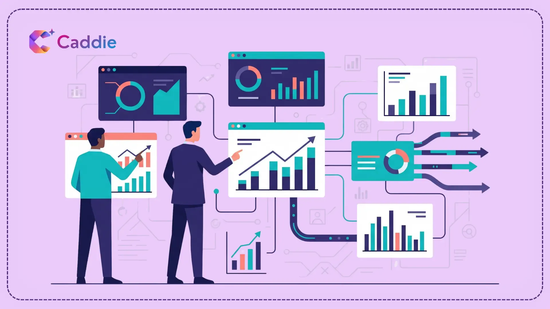 Flat vector illustration of a professional managing a real-time KPI analytics dashboard.