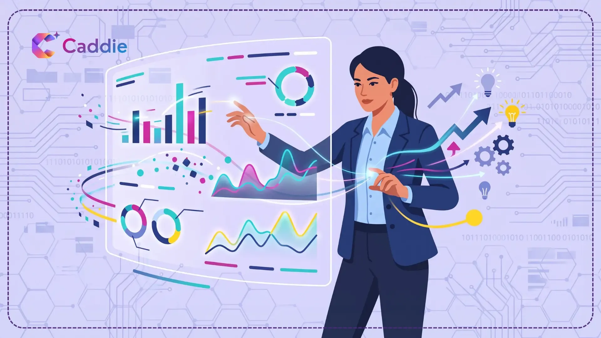 Flat vector illustration of a business professional interacting with live real-time analytics data.