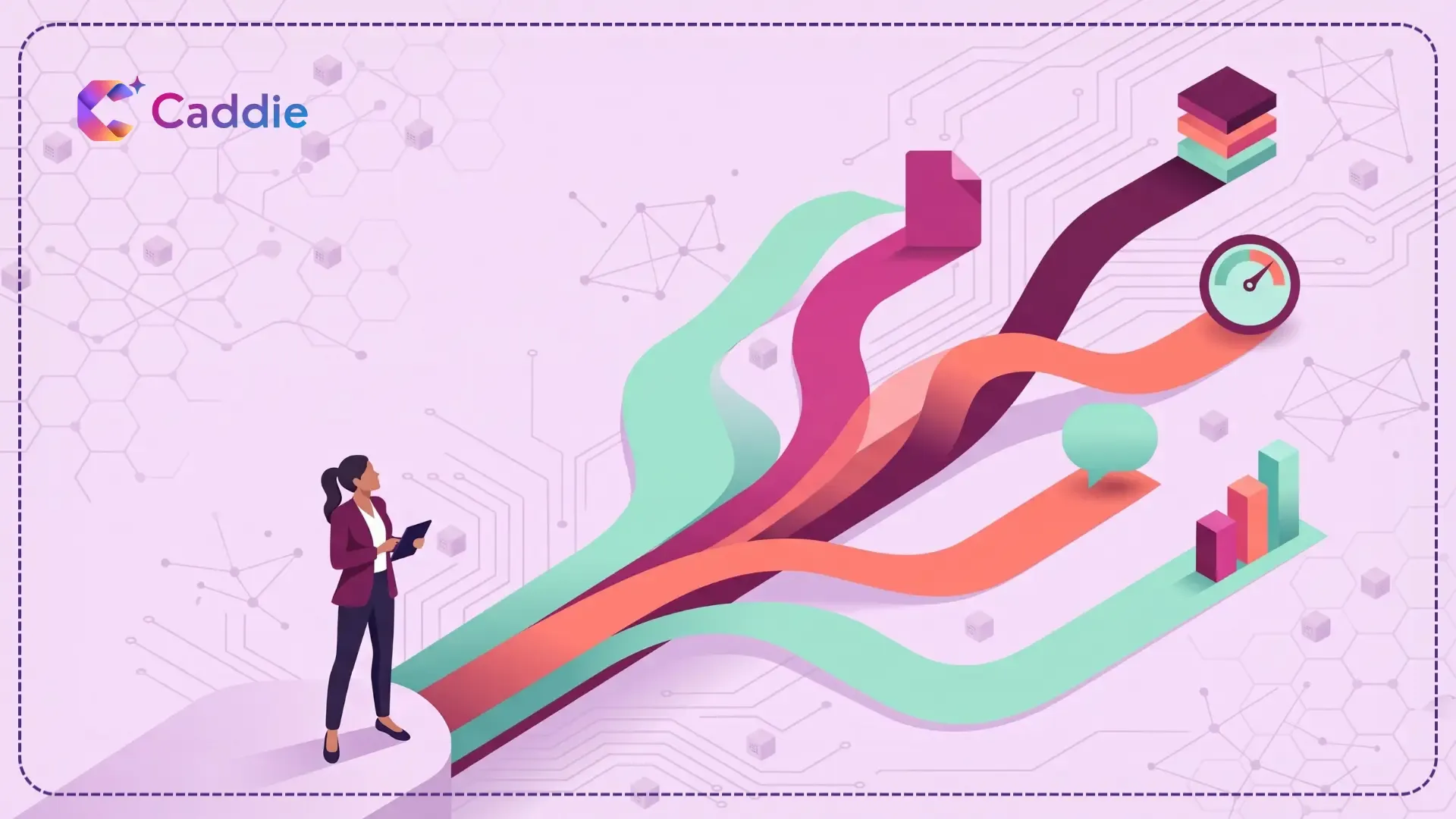 Flat vector illustration of a business user choosing between five branching data paths representing AI analytics platforms