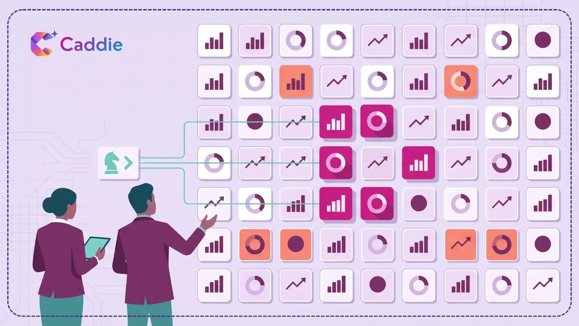 Two business professionals stand before a wall grid of data statistic cards, selecting key metrics to drive strategic decisions.