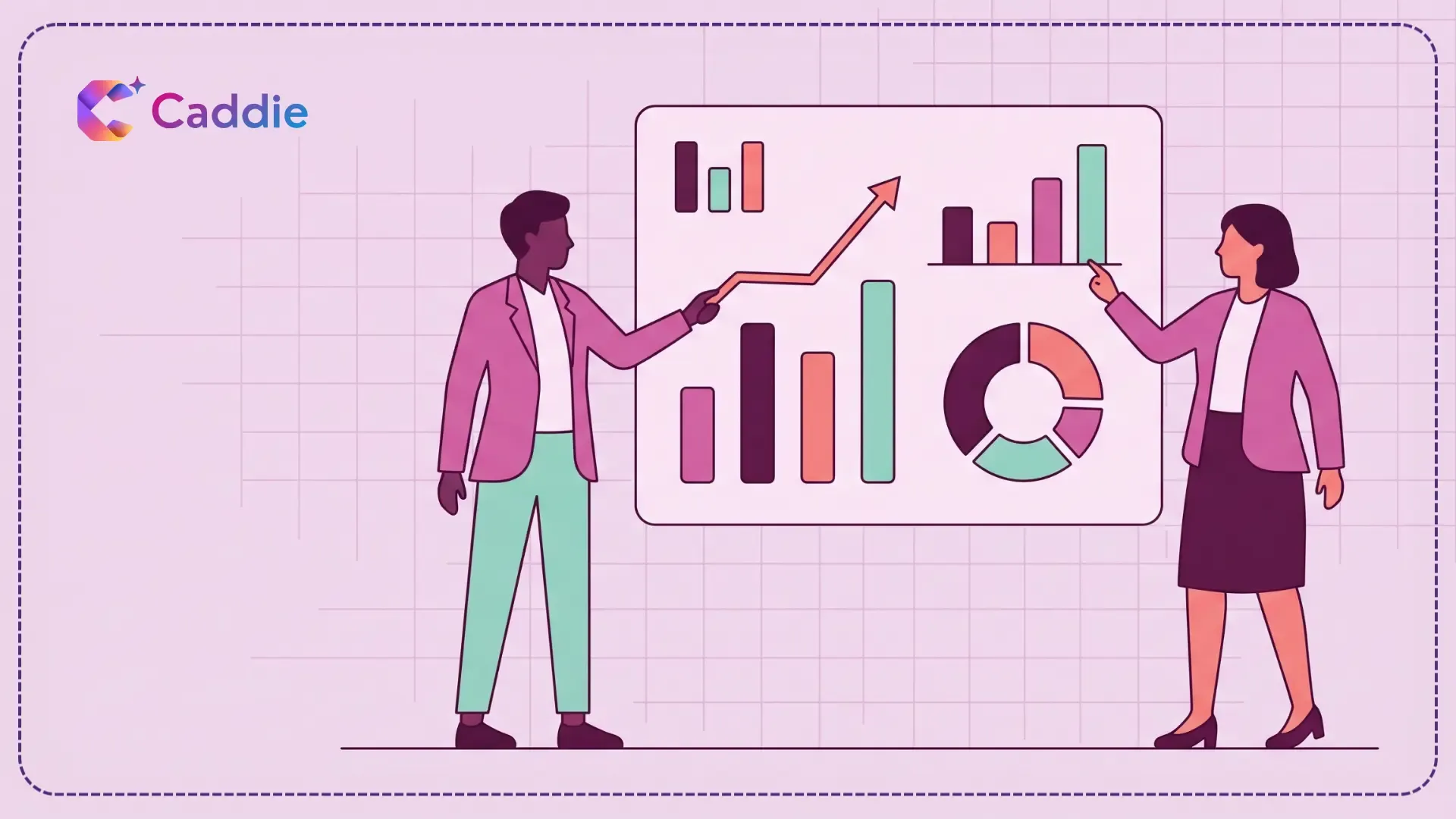 Illustration showing two business professionals standing on platforms of different heights facing each other across a visible gap, with floating chart shapes and data nodes between them. The taller platform is magenta, the shorter mint teal, symbolizing the gap between AI confidence and readiness.