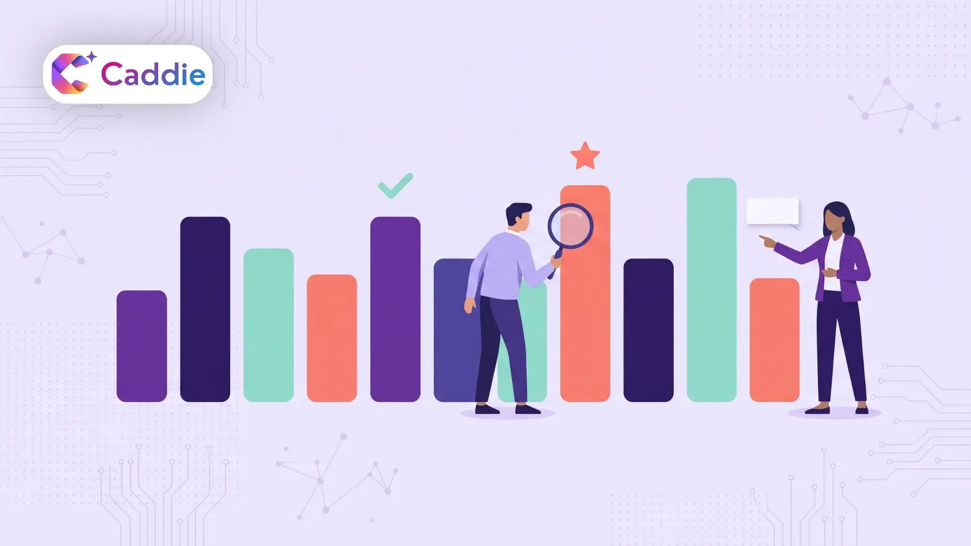 Business professionals comparing and evaluating ten data governance tools represented as coloured blocks of varying heights