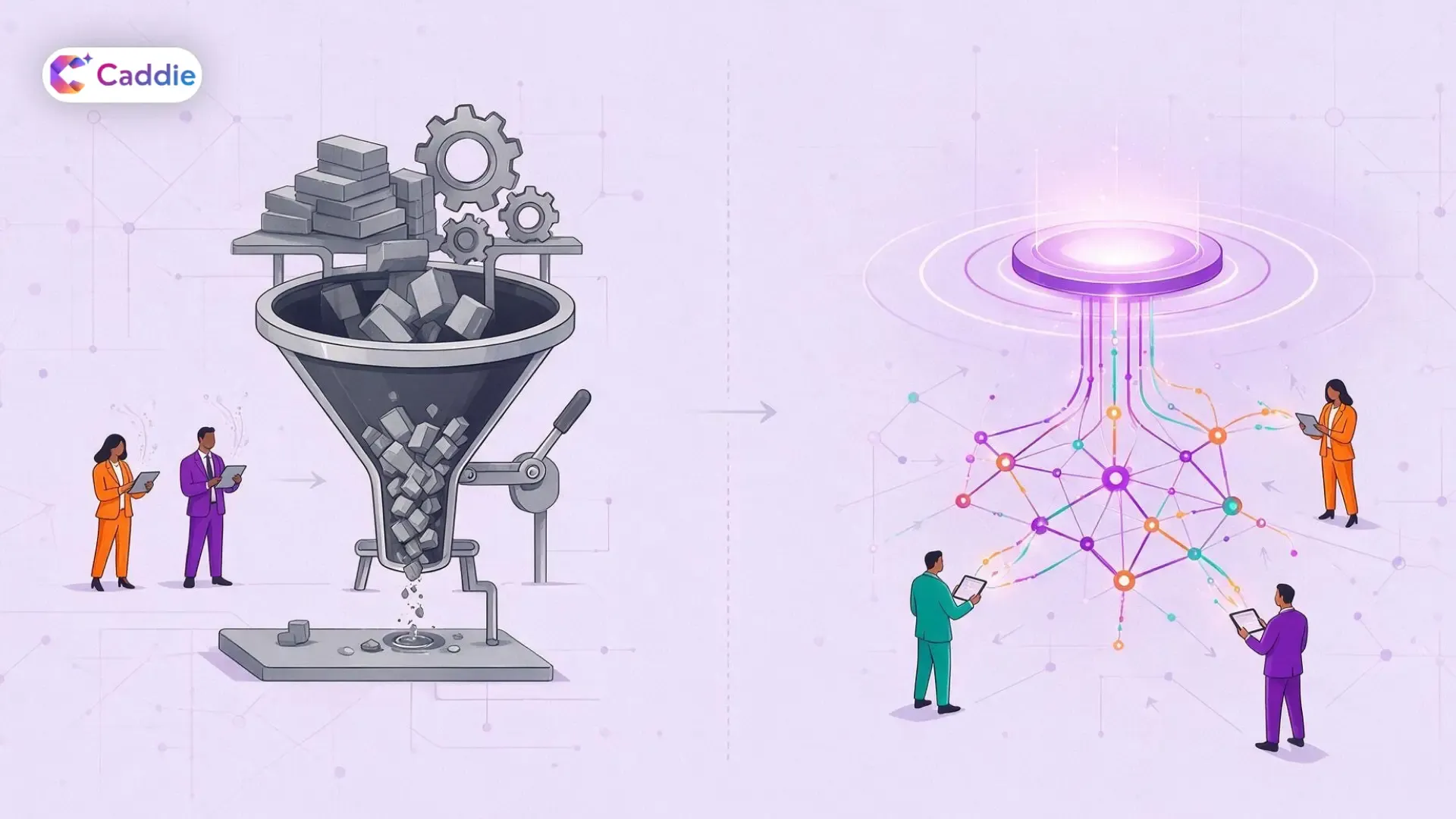 Infographic contrasting traditional bottlenecked data reporting with democratized AI-powered analytics.