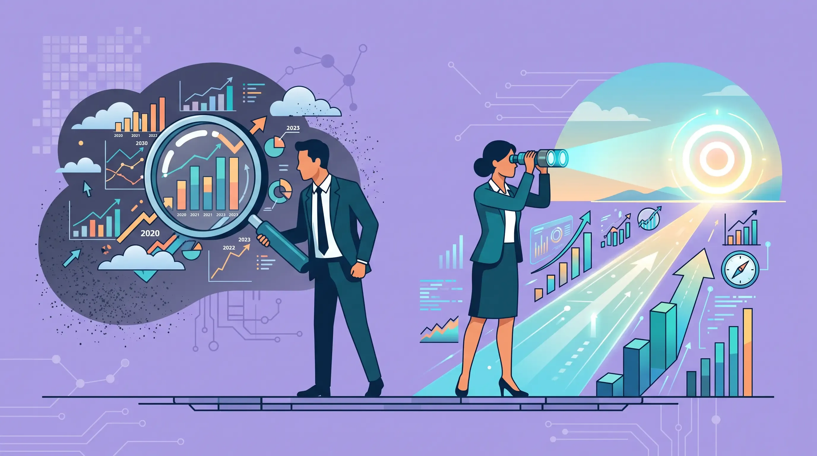 Illustration contrasting a person examining past data with a magnifying glass and a person looking forward at a target with binoculars.