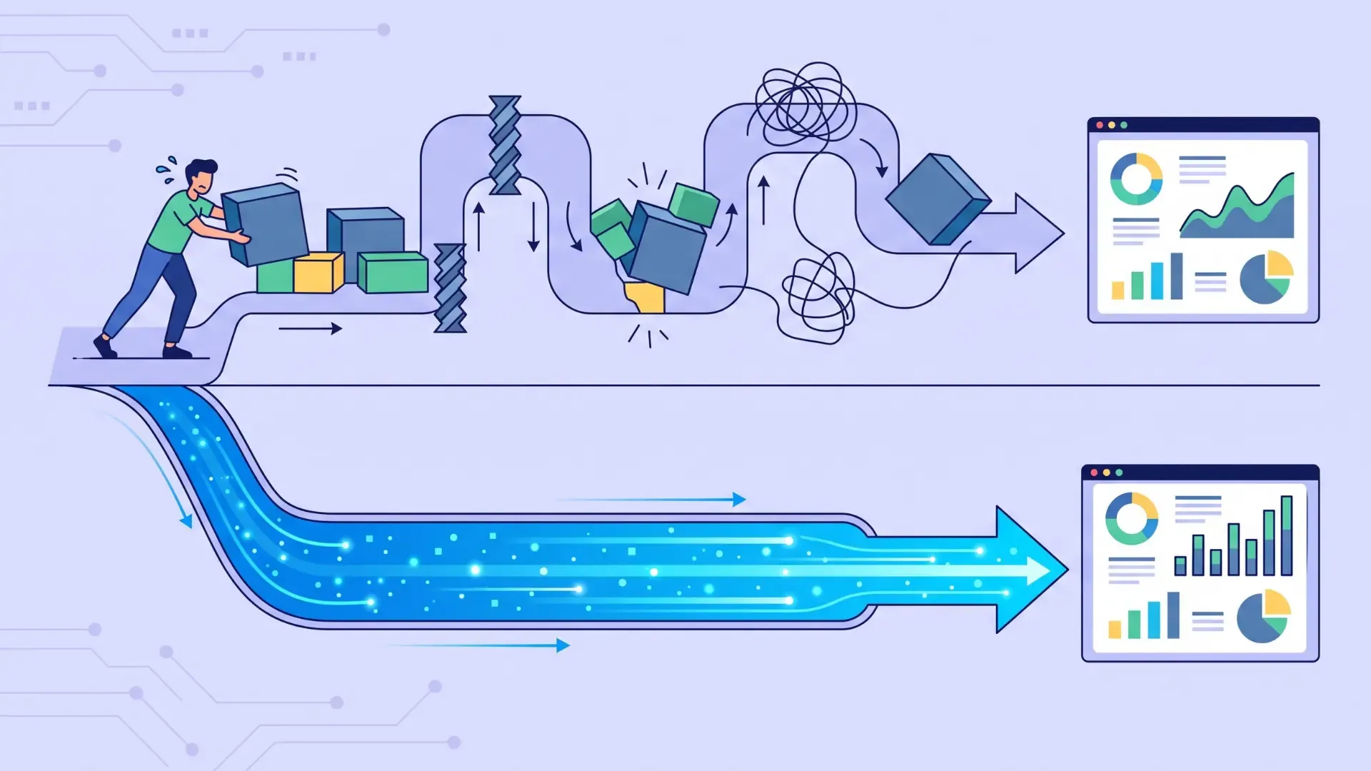 Flat vector illustration comparing a manual data workflow with an automated AI pipeline.