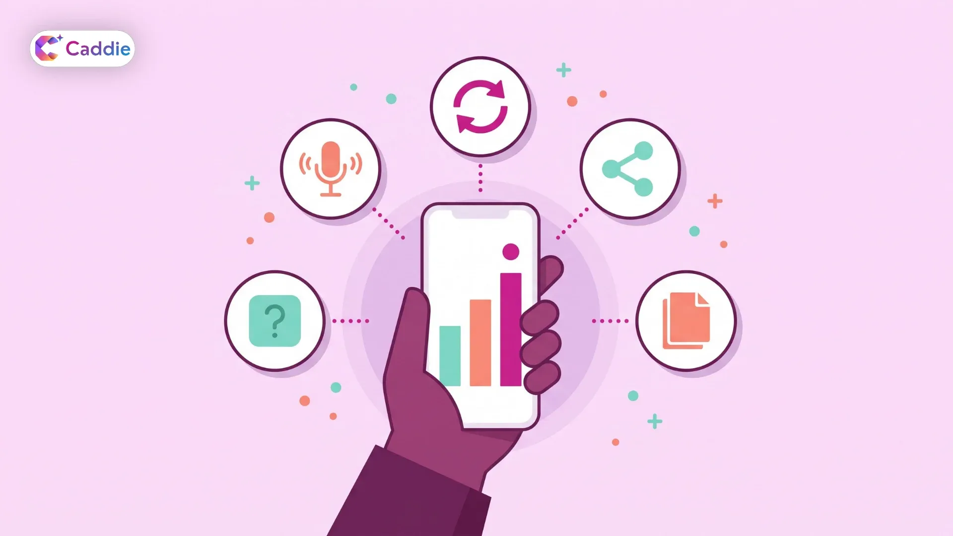 Flat vector infographic of a hand holding a smartphone showing a bar chart, surrounded by five icons representing typed questions, voice queries, follow-up questions, one-tap sharing, and document access.