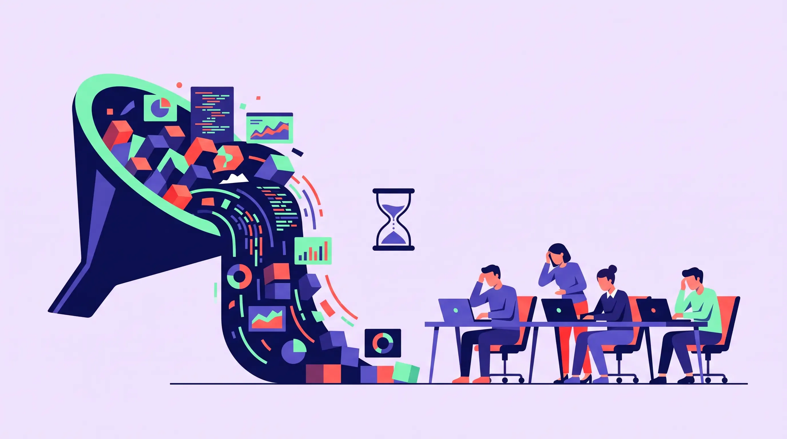 Vector illustration showing a massive stream of enterprise data overflowing a funnel into a small, overwhelmed analyst team.