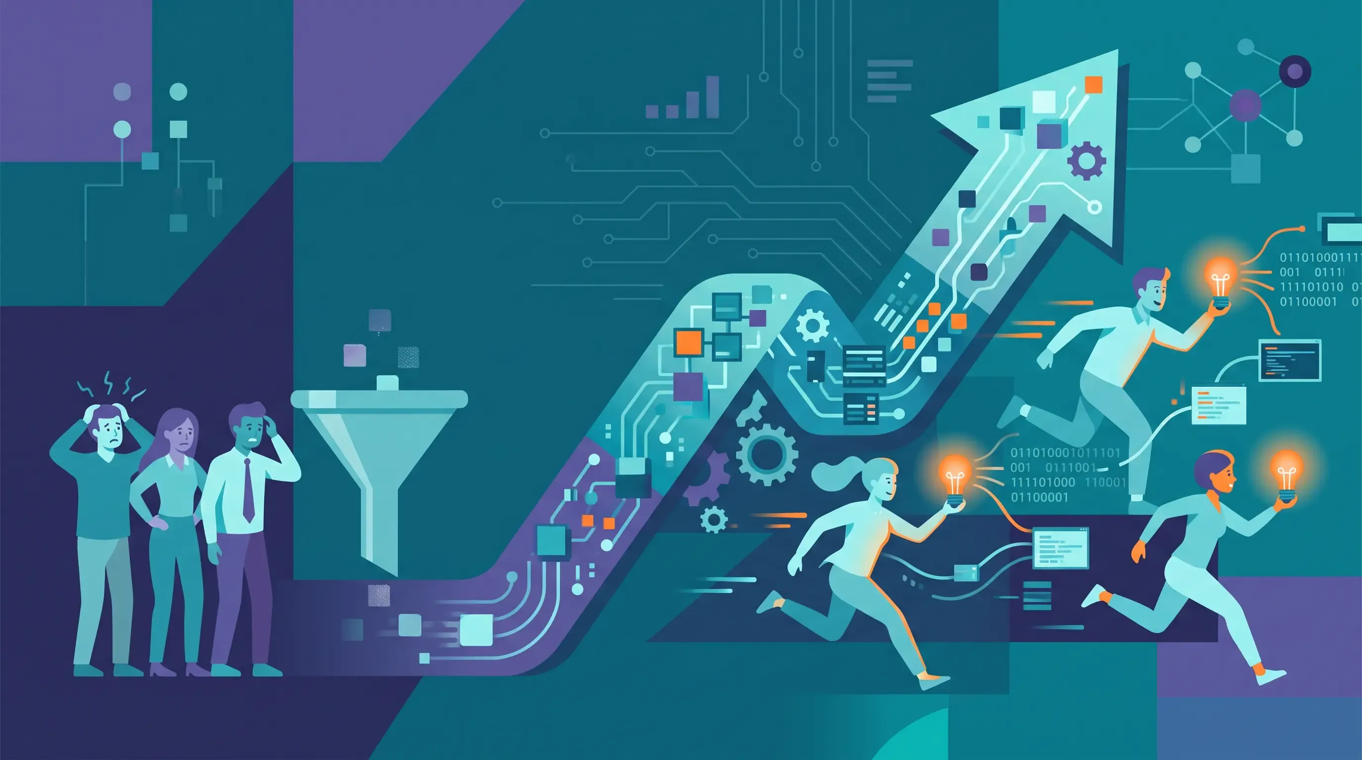 Flat-vector illustration contrasting a central data bottleneck with empowered individuals accelerating business growth using self-service data.