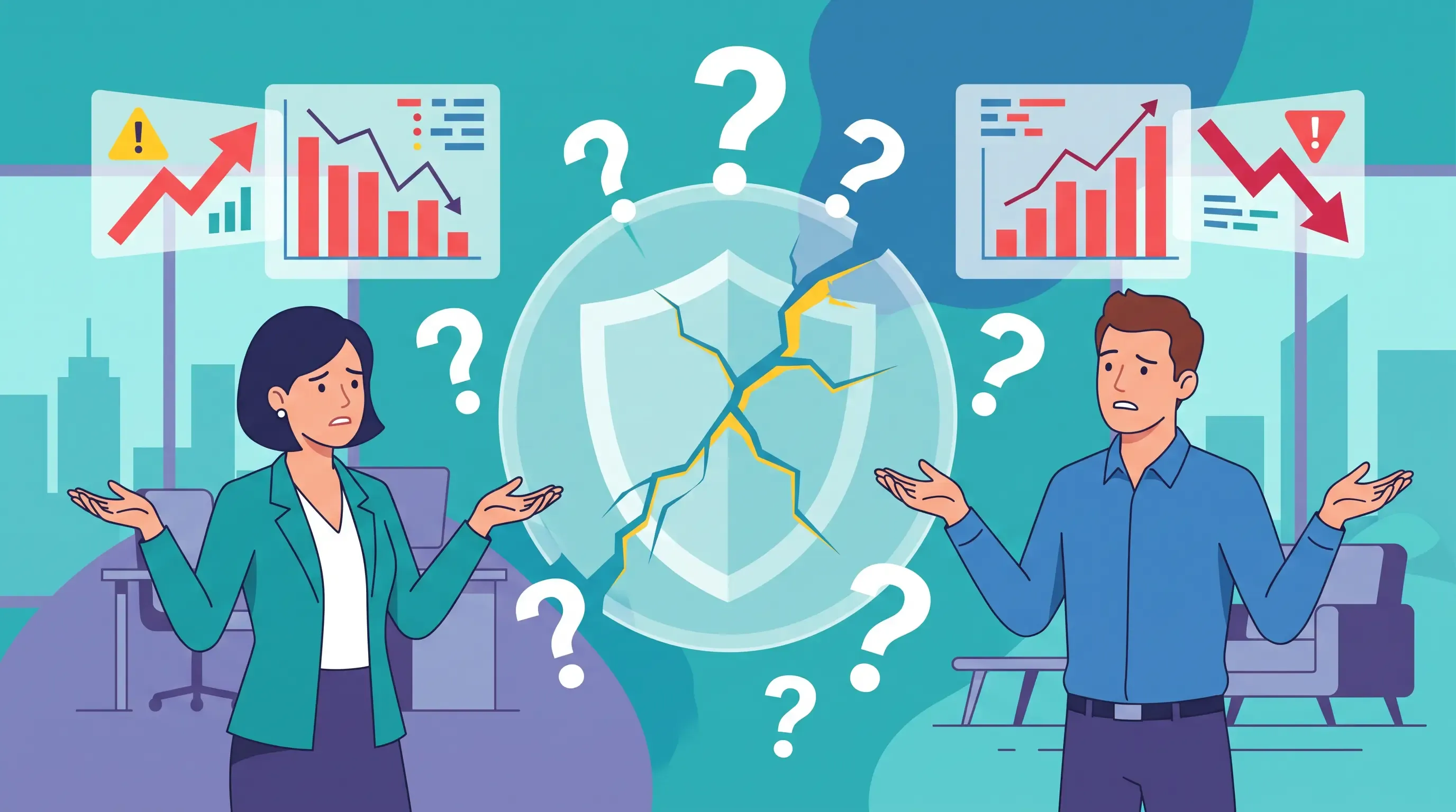 Flat-vector image depicting two confused colleagues with conflicting data charts and a cracked security shield.