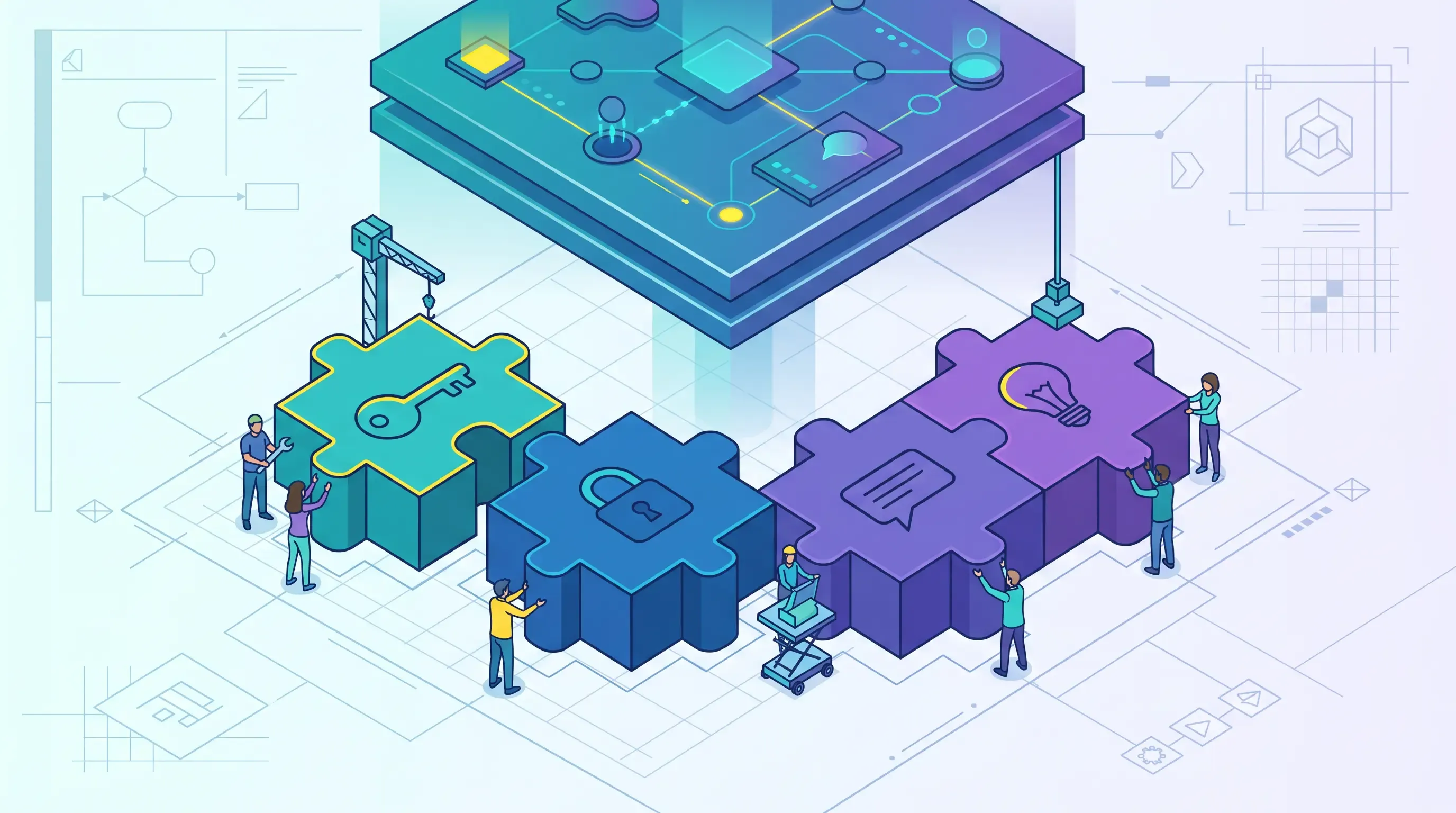Flat-vector blueprint showing tiny people assembling large puzzle pieces to build a structured data strategy roadmap.
