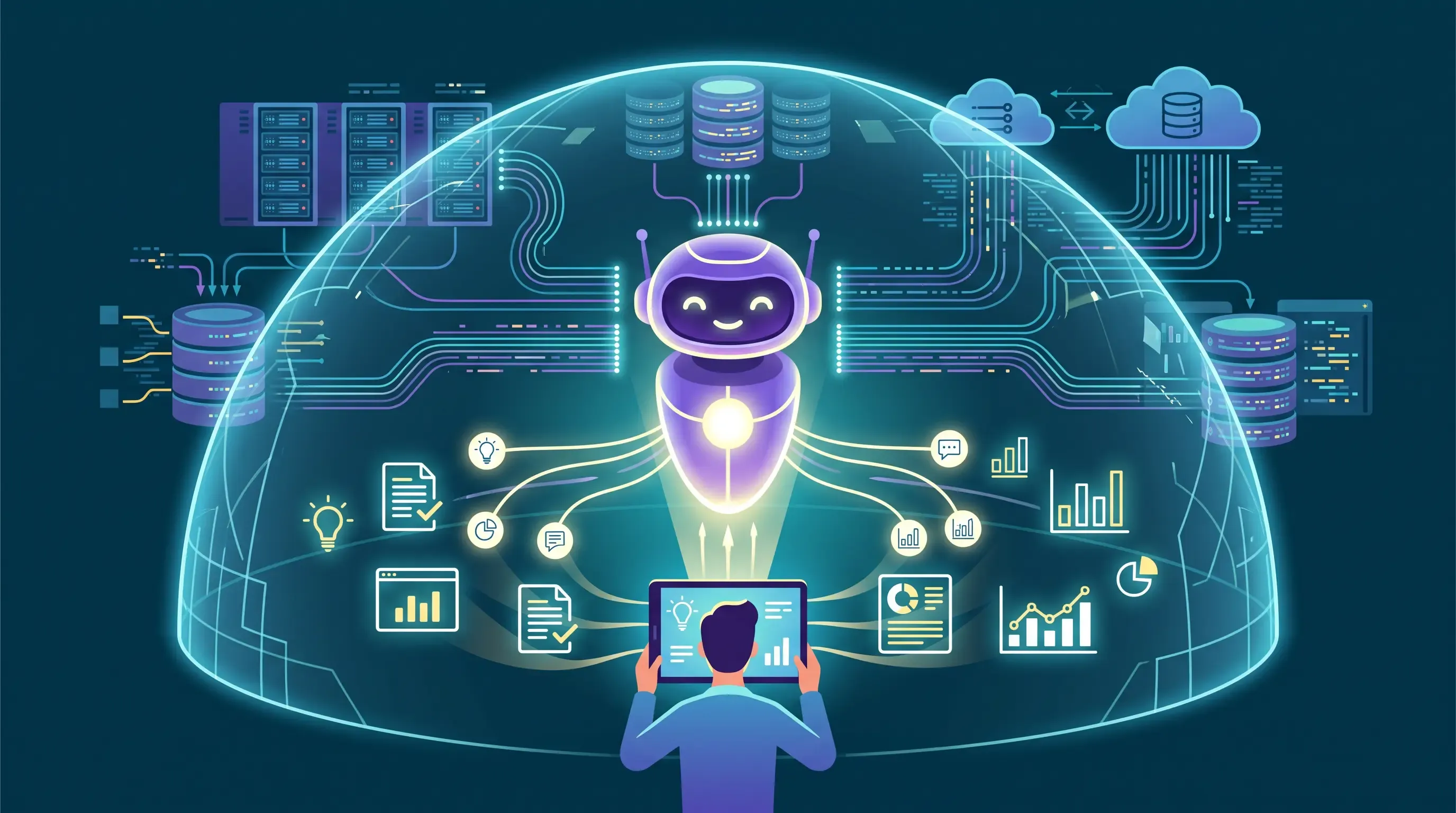 Flat-vector illustration of a central AI assistant hub simplifying complex data sources into secure, easy-to-understand insights for a user.
