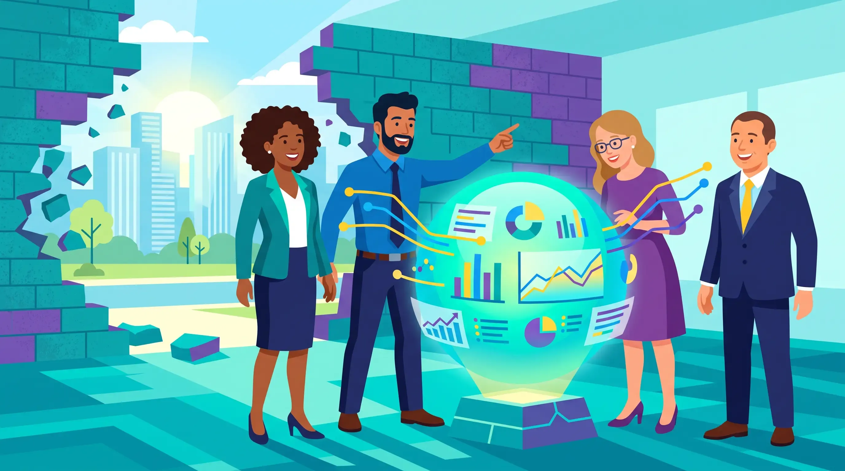 Flat-vector illustration of a diverse group of business professionals easily accessing charts and insights from a glowing data sphere.