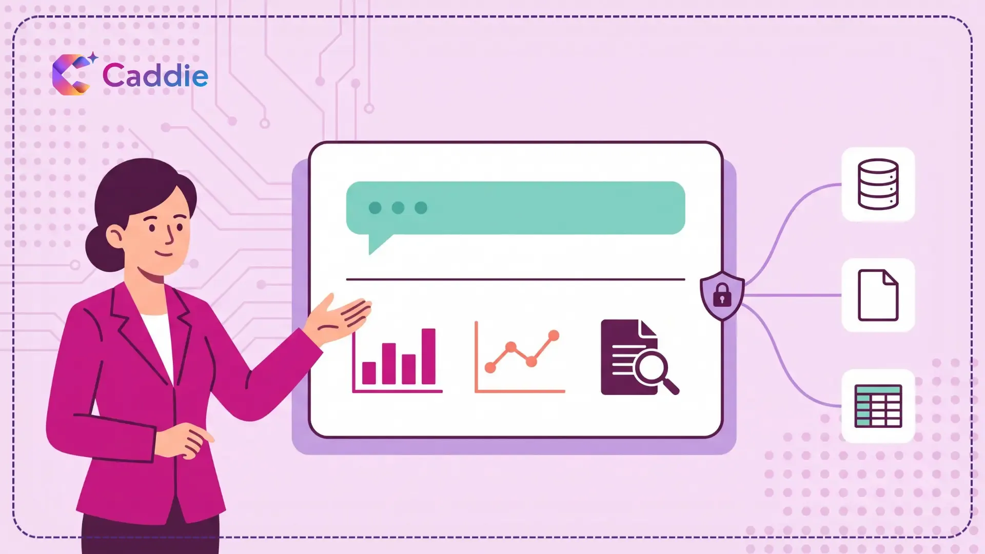 Flat vector illustration of a business professional asking a question of an AI assistant panel connected to database, document, and spreadsheet sources.